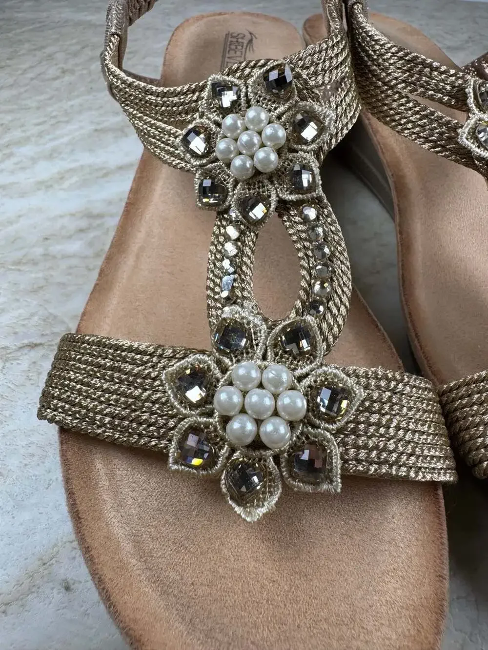 SHIBEVER Champagne Rhinestone Low Wedge Sandals Elastic Strap Women’s EU 40